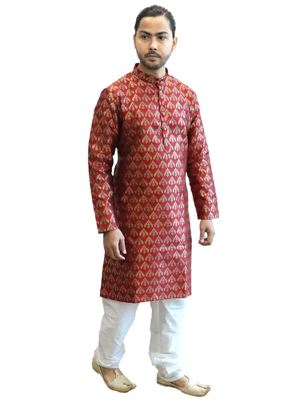 Men's_Cotton_Jacquard_Brocade_Maroon_Kurta_White_Churidar_Pajama_Set