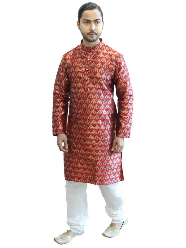 Men's_Cotton_Jacquard_Brocade_Maroon_Kurta_White_Churidar_Pajama_Set