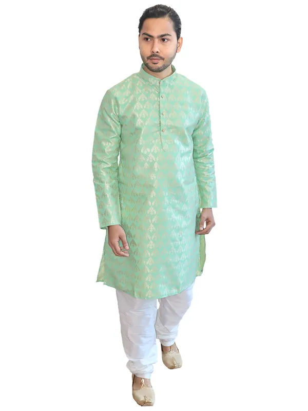 Men's_Cotton_Jacquard_Brocade_Light_Green_Kurta_White_Churidar_Pajama_Set