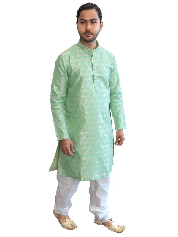 Men's_Cotton_Jacquard_Brocade_Light_Green_Kurta_White_Churidar_Pajama_Set