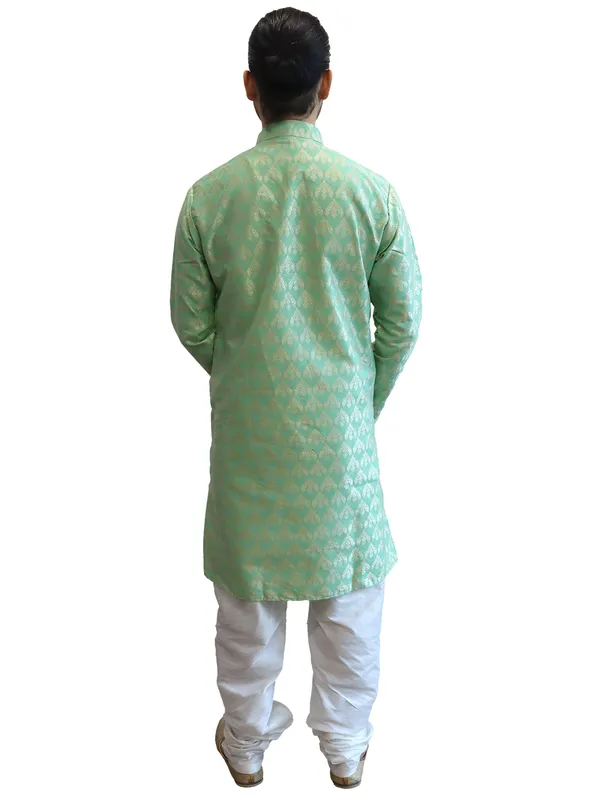 Men's_Cotton_Jacquard_Brocade_Light_Green_Kurta_White_Churidar_Pajama_Set