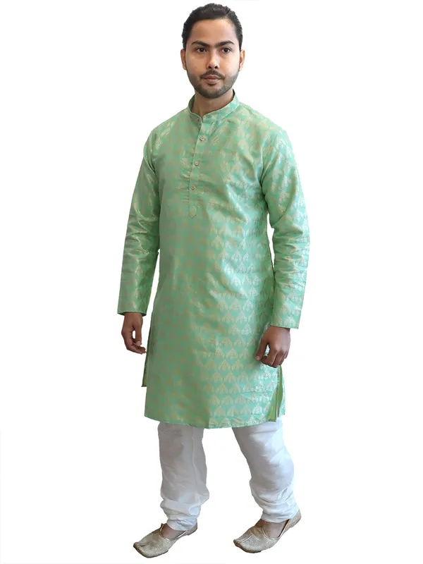 Men's_Cotton_Jacquard_Brocade_Light_Green_Kurta_White_Churidar_Pajama_Set