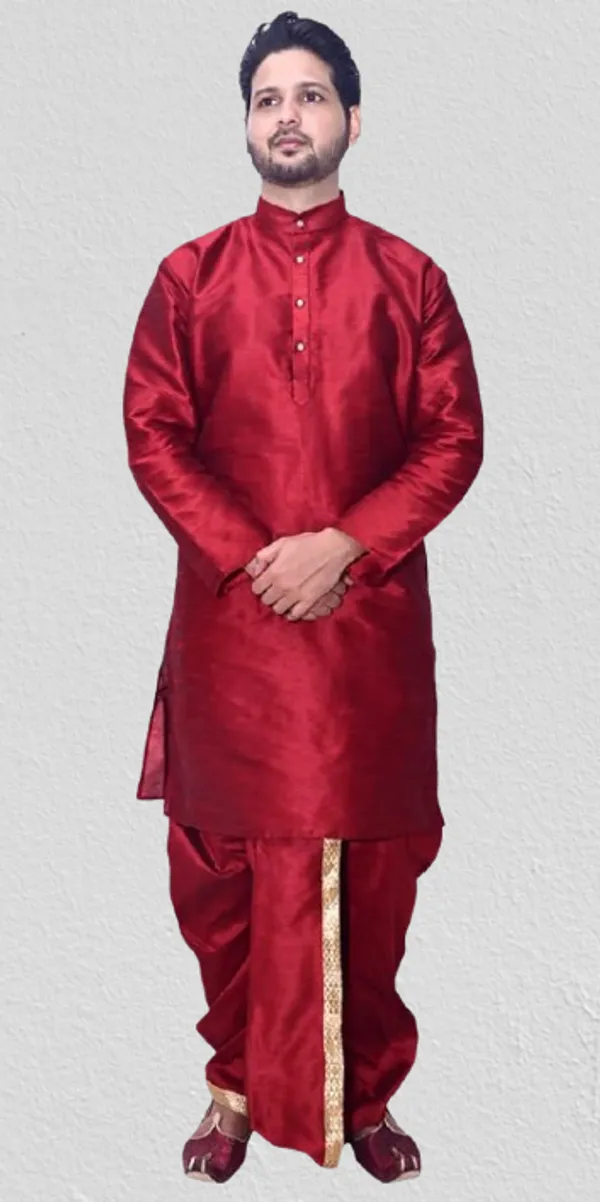 Red_Dupion_Silk_Fancy_Dhoti_Kurta_Set_For_Men