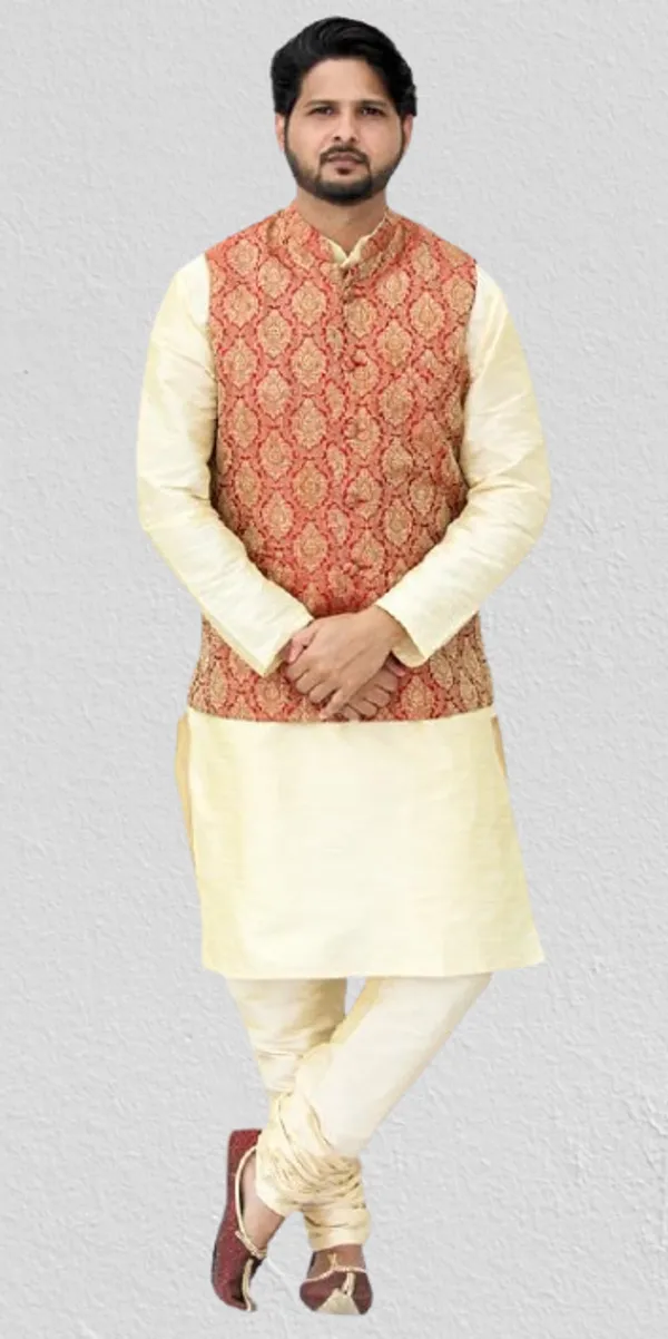 Golden_&_Maroon_Dupion_Silk_Casual_Kurta_Pajama_with__Jacket_For_Men