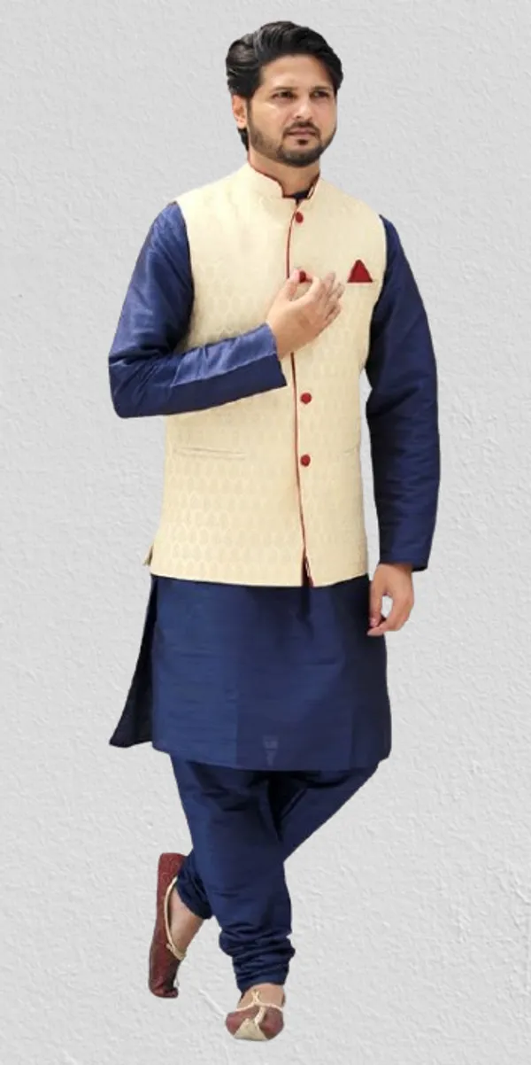 Navy_Blue_&_Golden_Dupion_Silk_Casual_Kurta_Pajama_Jacket_For_Men