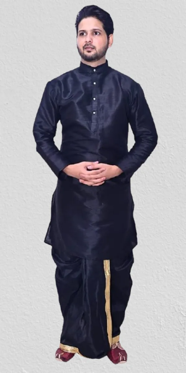 Black_Dupion_Silk_Fancy_Dhoti_Kurta_Set_For_Men