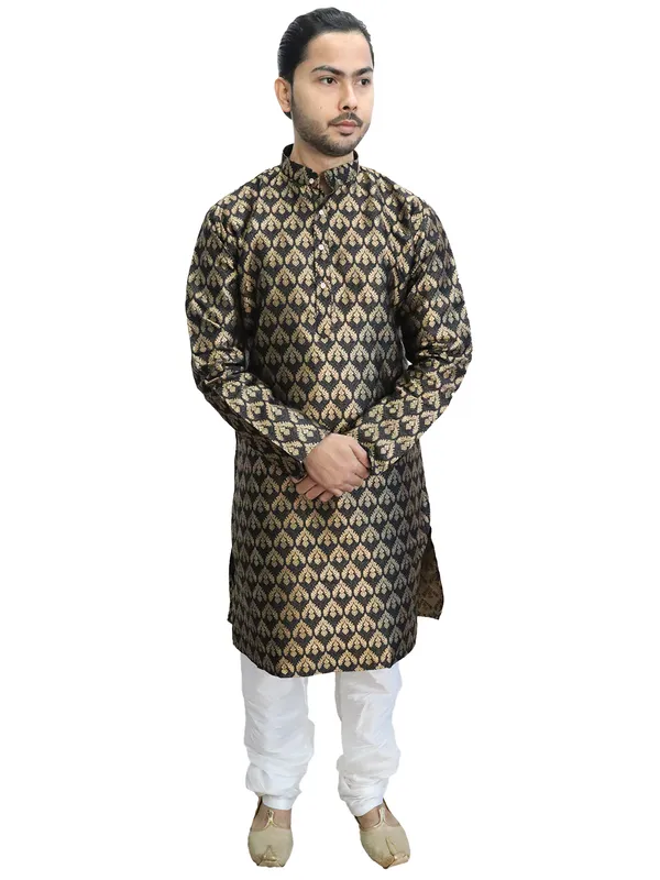 Men's_Cotton_Jacquard_Brocade_Black_Kurta_White_Churidar_Pajama_Set