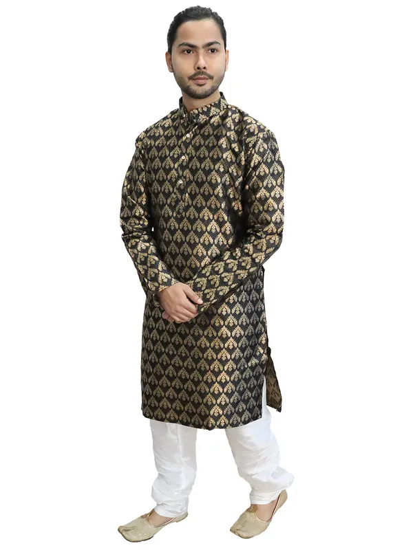 Men's_Cotton_Jacquard_Brocade_Black_Kurta_White_Churidar_Pajama_Set
