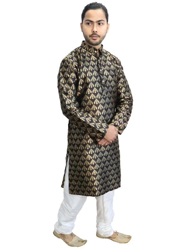 Men's_Cotton_Jacquard_Brocade_Black_Kurta_White_Churidar_Pajama_Set