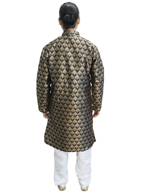 Men's_Cotton_Jacquard_Brocade_Black_Kurta_White_Churidar_Pajama_Set