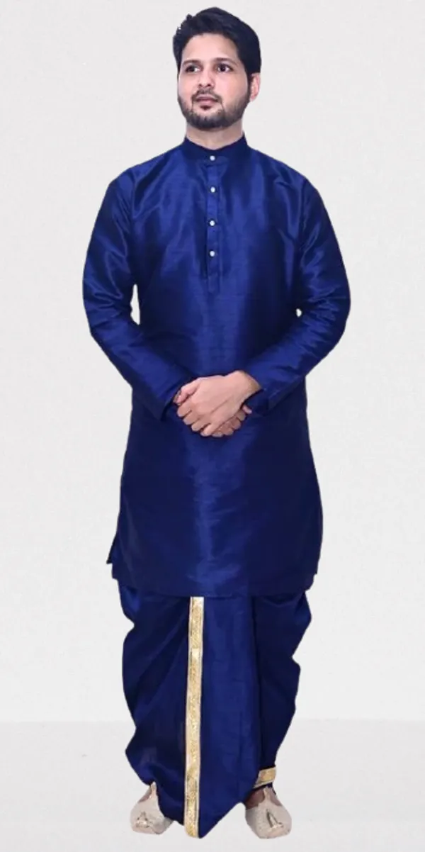 Navy_Blue_Dupion_Silk_Fancy_Dhoti_Kurta_Set_For_Men