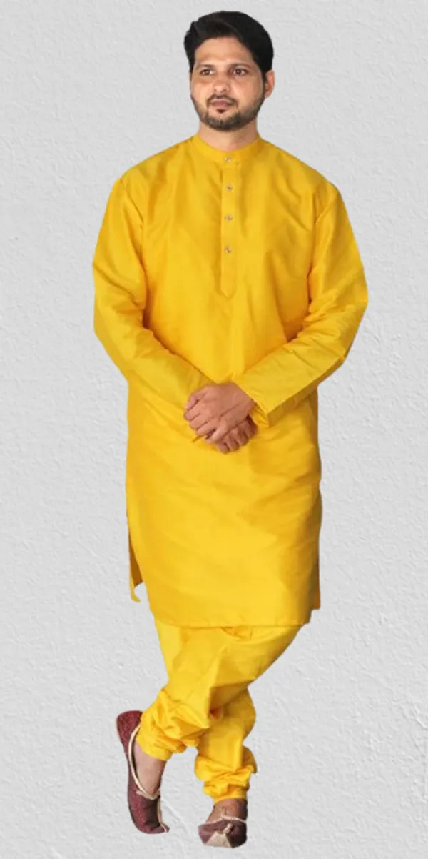 Yellow_Dupion_Silk_Wedding_Kurta_Pajama_For_Men
