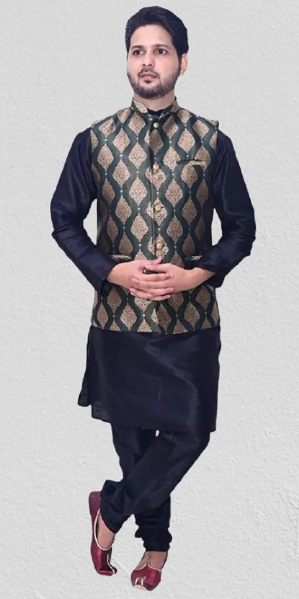 Black__&__Dark_Green_Dupion_Silk_Casual_Kurta_Pajama_Dark_Green_Jacket_For_Men