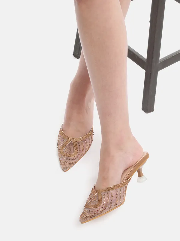 Antique_Gold_Synthetic_Mesh_Embellished_Heel_Mules_For_Women_(_2_Inch_)