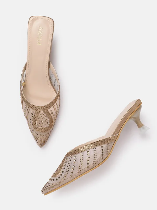 Antique_Gold_Synthetic_Mesh_Embellished_Heel_Mules_For_Women_(_2_Inch_)