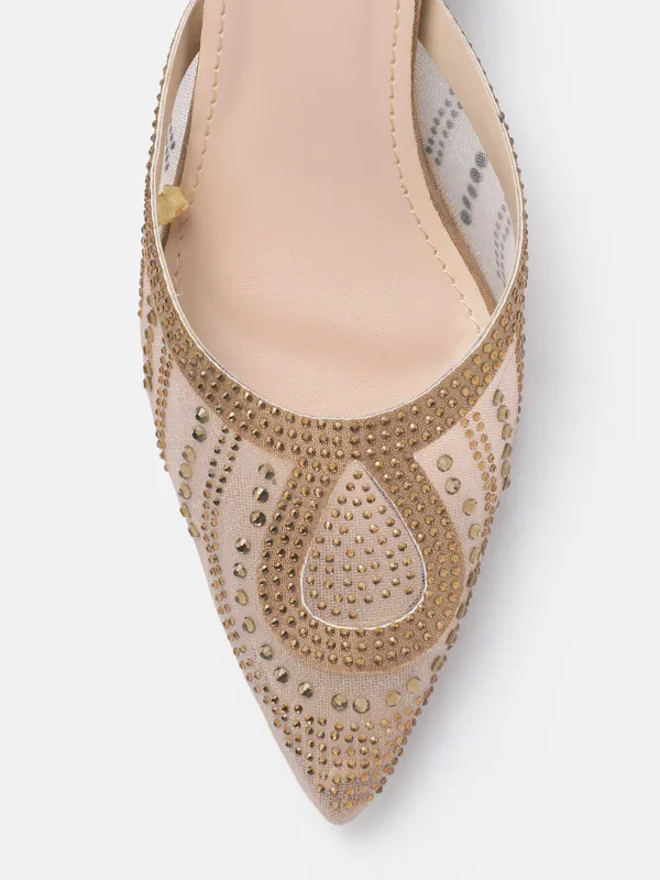 Antique_Gold_Synthetic_Mesh_Embellished_Heel_Mules_For_Women_(_2_Inch_)