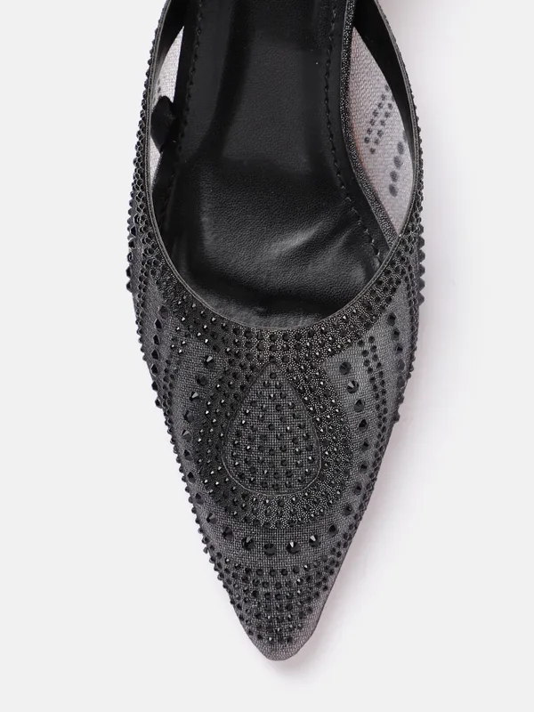 Black_Synthetic_Mesh_Embellished_Heel_Mules_For_Women_(_2_Inch_)