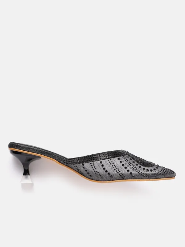 Black_Synthetic_Mesh_Embellished_Heel_Mules_For_Women_(_2_Inch_)