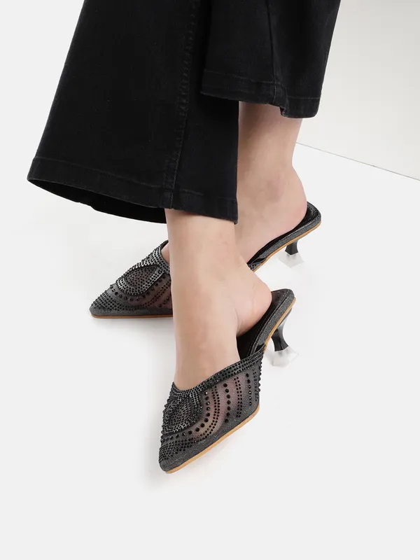 Black_Synthetic_Mesh_Embellished_Heel_Mules_For_Women_(_2_Inch_)