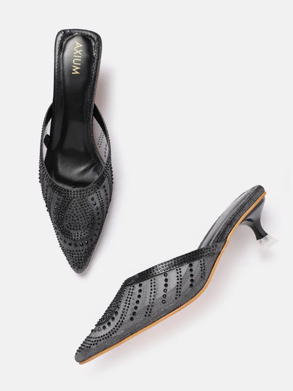 Black_Synthetic_Mesh_Embellished_Heel_Mules_For_Women_(_2_Inch_)