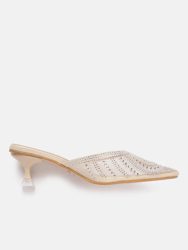 Cream_Synthetic_Mesh_Embellished_Heel_Mules_For_Women_(_2_Inch_)