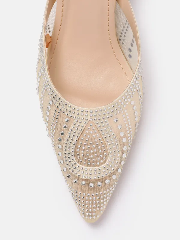 Cream_Synthetic_Mesh_Embellished_Heel_Mules_For_Women_(_2_Inch_)