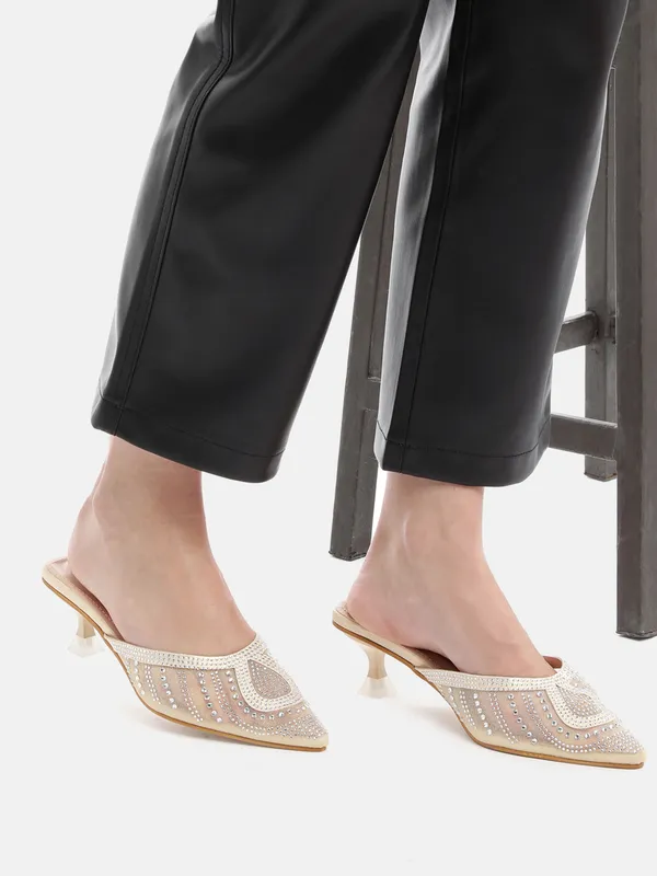 Cream_Synthetic_Mesh_Embellished_Heel_Mules_For_Women_(_2_Inch_)