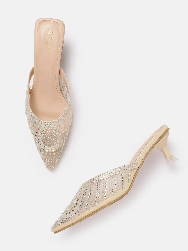 Cream_Synthetic_Mesh_Embellished_Heel_Mules_For_Women_(_2_Inch_)