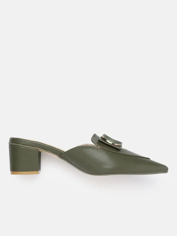 Green_Synthetic_Buckle_Detail_Block_Heeled_Mules_For_Women_(_2_Inch_)