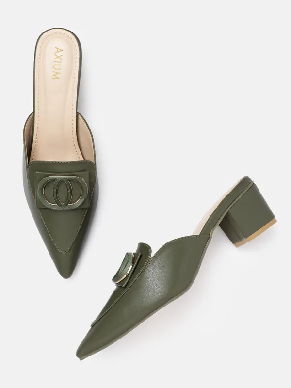 Green_Synthetic_Buckle_Detail_Block_Heeled_Mules_For_Women_(_2_Inch_)