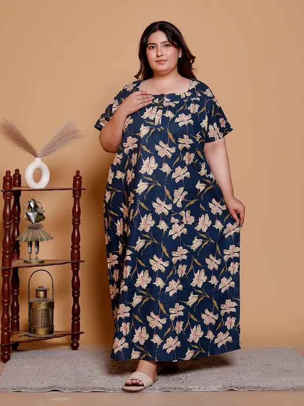 NEVY_BLUE_Cotton_Nighty_for_women,_Printed_Short_Sleeve._(yellow)