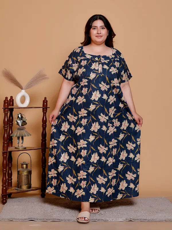 NEVY_BLUE_Cotton_Nighty_for_women,_Printed_Short_Sleeve._(yellow)