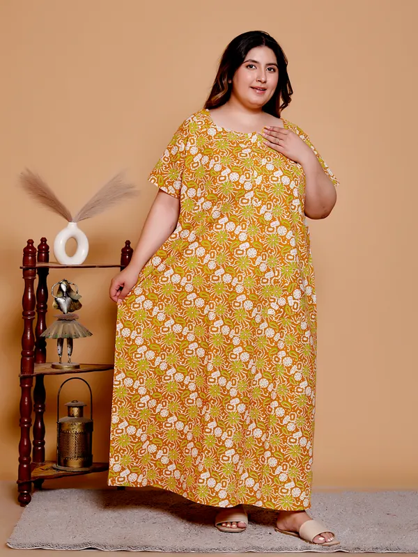 Dark_Yellow_Everyday_Cotton_Maxi_Maxi_Printed_Short_Sleeve__For_Women