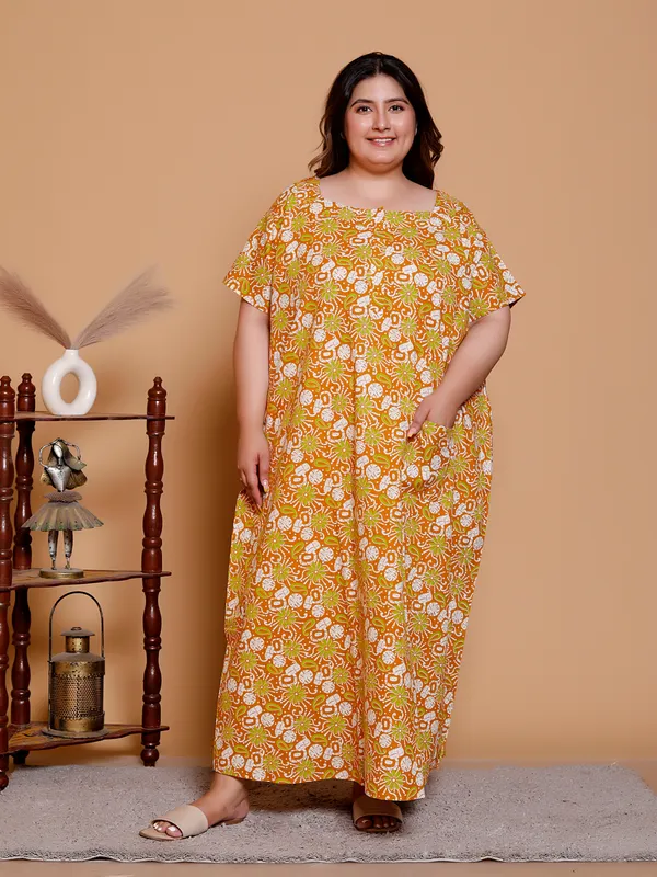 Dark_Yellow_Everyday_Cotton_Maxi_Maxi_Printed_Short_Sleeve__For_Women