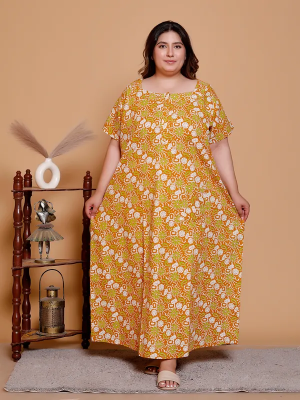 Dark_Yellow_Everyday_Cotton_Maxi_Maxi_Printed_Short_Sleeve__For_Women