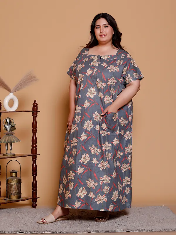 Grey_Floral_Everyday_Cotton_Printed_Sleeveless_Knee_Length_Nightdress_For_Women