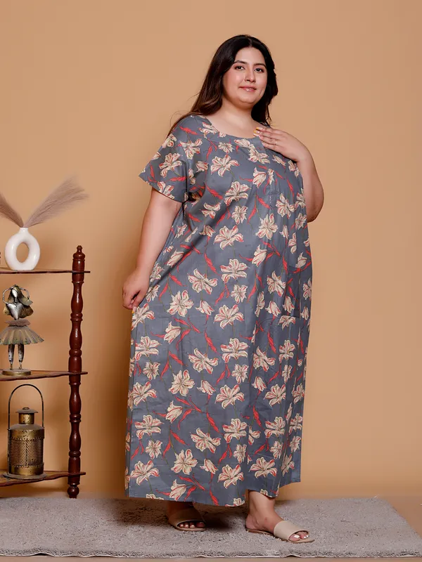 Grey_Floral_Everyday_Cotton_Printed_Sleeveless_Knee_Length_Nightdress_For_Women