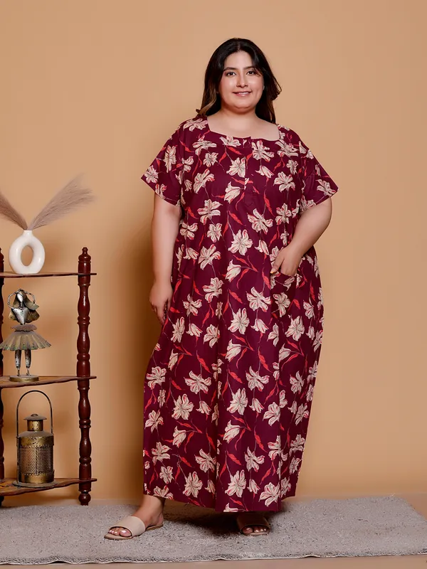 DARK_RED_Everyday_Cotton_Printed_Stylish_Sleeves_Nighty_For_Women