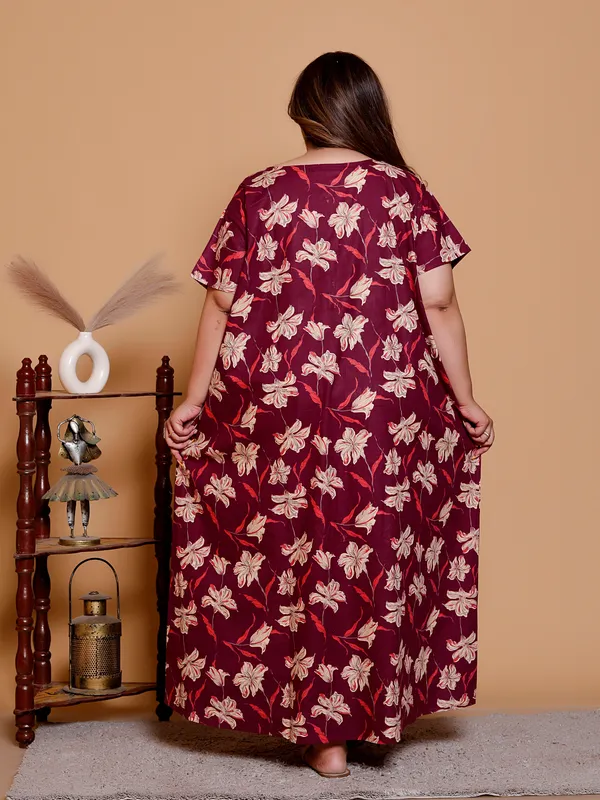 DARK_RED_Everyday_Cotton_Printed_Stylish_Sleeves_Nighty_For_Women