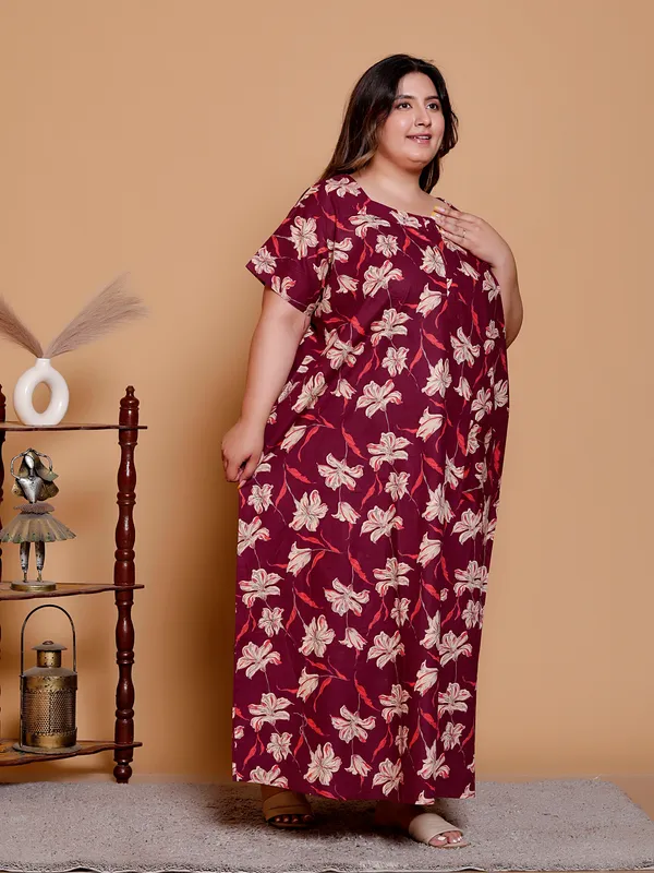DARK_RED_Everyday_Cotton_Printed_Stylish_Sleeves_Nighty_For_Women