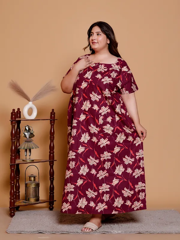 DARK_RED_Everyday_Cotton_Printed_Stylish_Sleeves_Nighty_For_Women