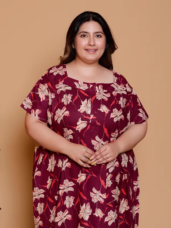 DARK_RED_Everyday_Cotton_Printed_Stylish_Sleeves_Nighty_For_Women