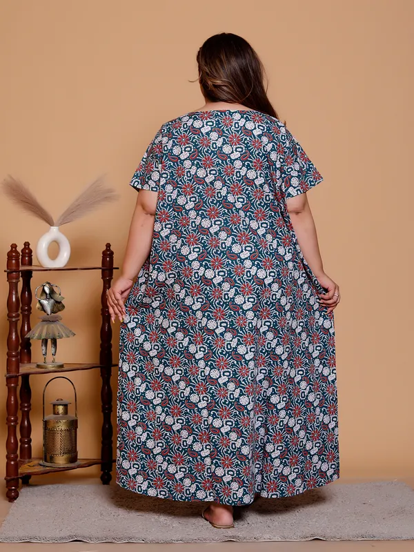 Dark_Green_Everyday_Cotton_Maxi_Printed_Stylised_Sleeves_Nighty_For_Women