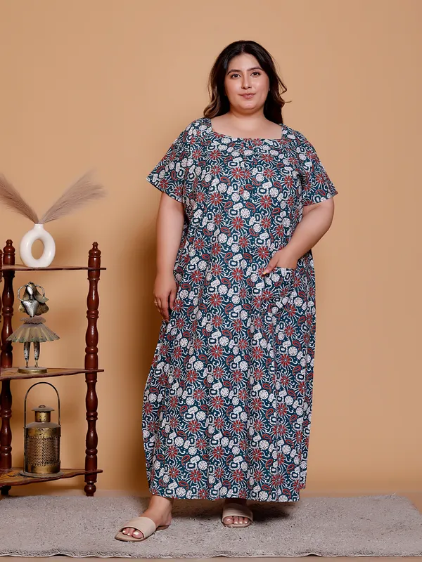 Dark_Green_Everyday_Cotton_Maxi_Printed_Stylised_Sleeves_Nighty_For_Women