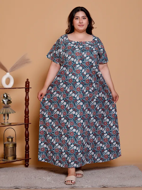 Dark_Green_Everyday_Cotton_Maxi_Printed_Stylised_Sleeves_Nighty_For_Women