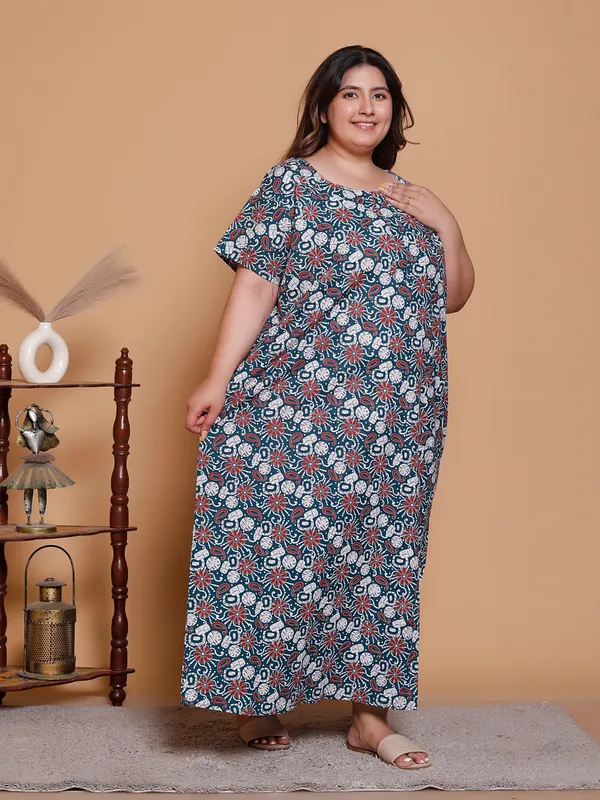 Dark_Green_Everyday_Cotton_Maxi_Printed_Stylised_Sleeves_Nighty_For_Women