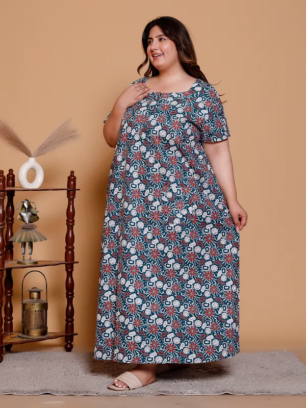 Dark_Green_Everyday_Cotton_Maxi_Printed_Stylised_Sleeves_Nighty_For_Women