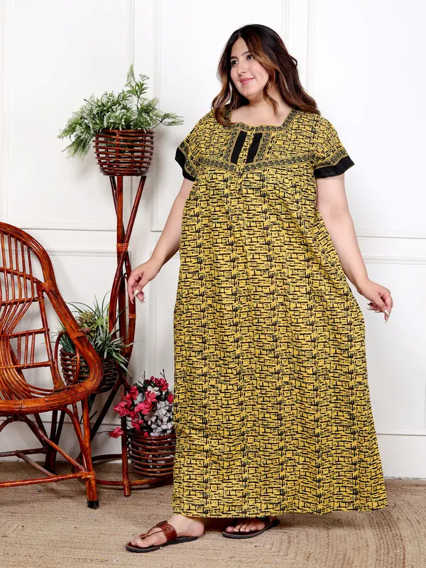 YELLOW_Everyday_Cotton_Printed_Stylised_Sleeves_Nighty_For_Women