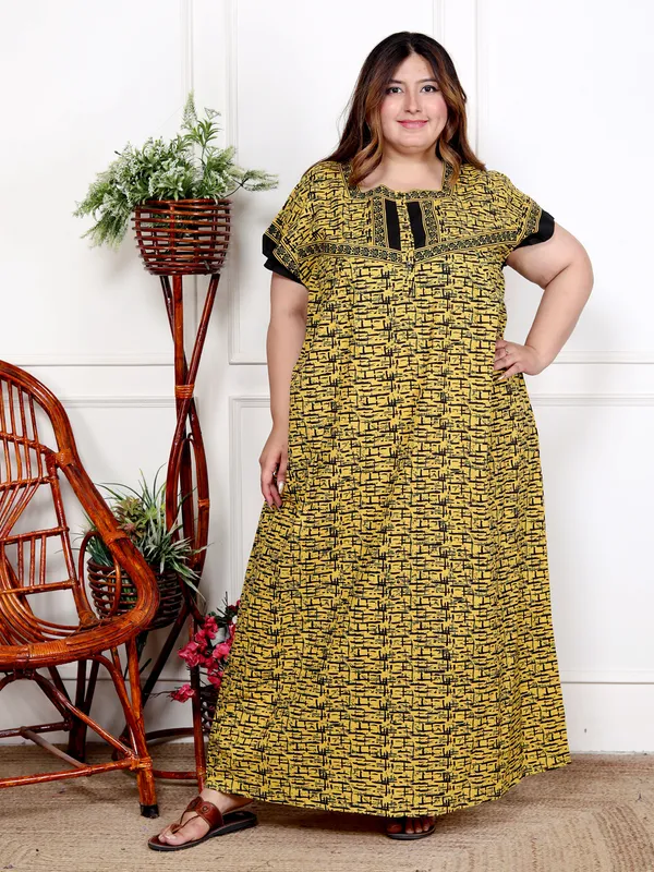 YELLOW_Everyday_Cotton_Printed_Stylised_Sleeves_Nighty_For_Women