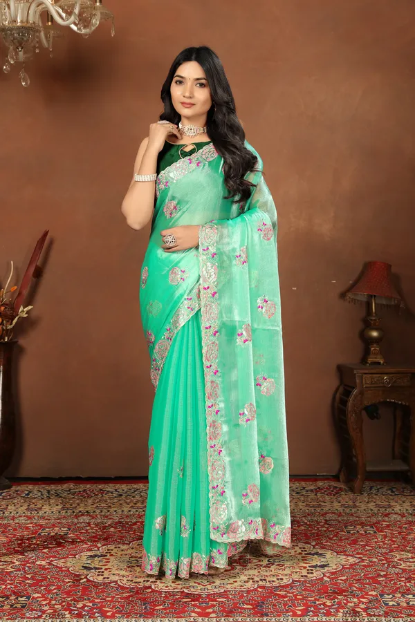 Elegant_Green_Embroidered_Saree_With_Unstitched_Blouse_Piece